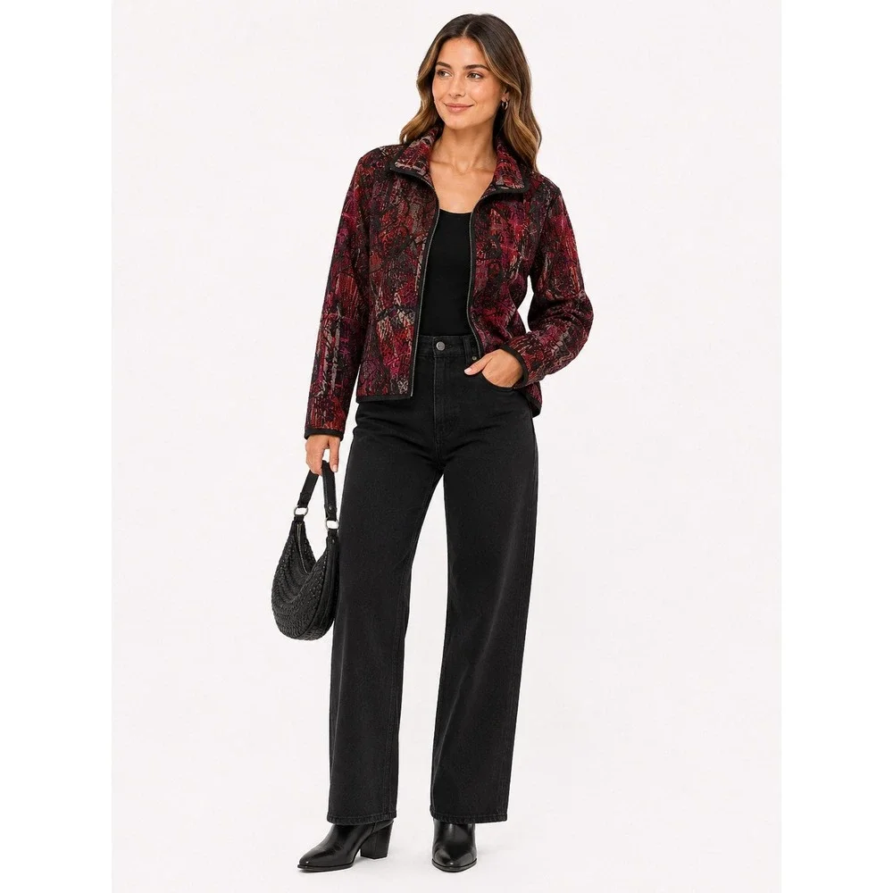 Christopher & Banks Jacket Womens PS Red Paisley Tapestry Zip Up Petite Boho